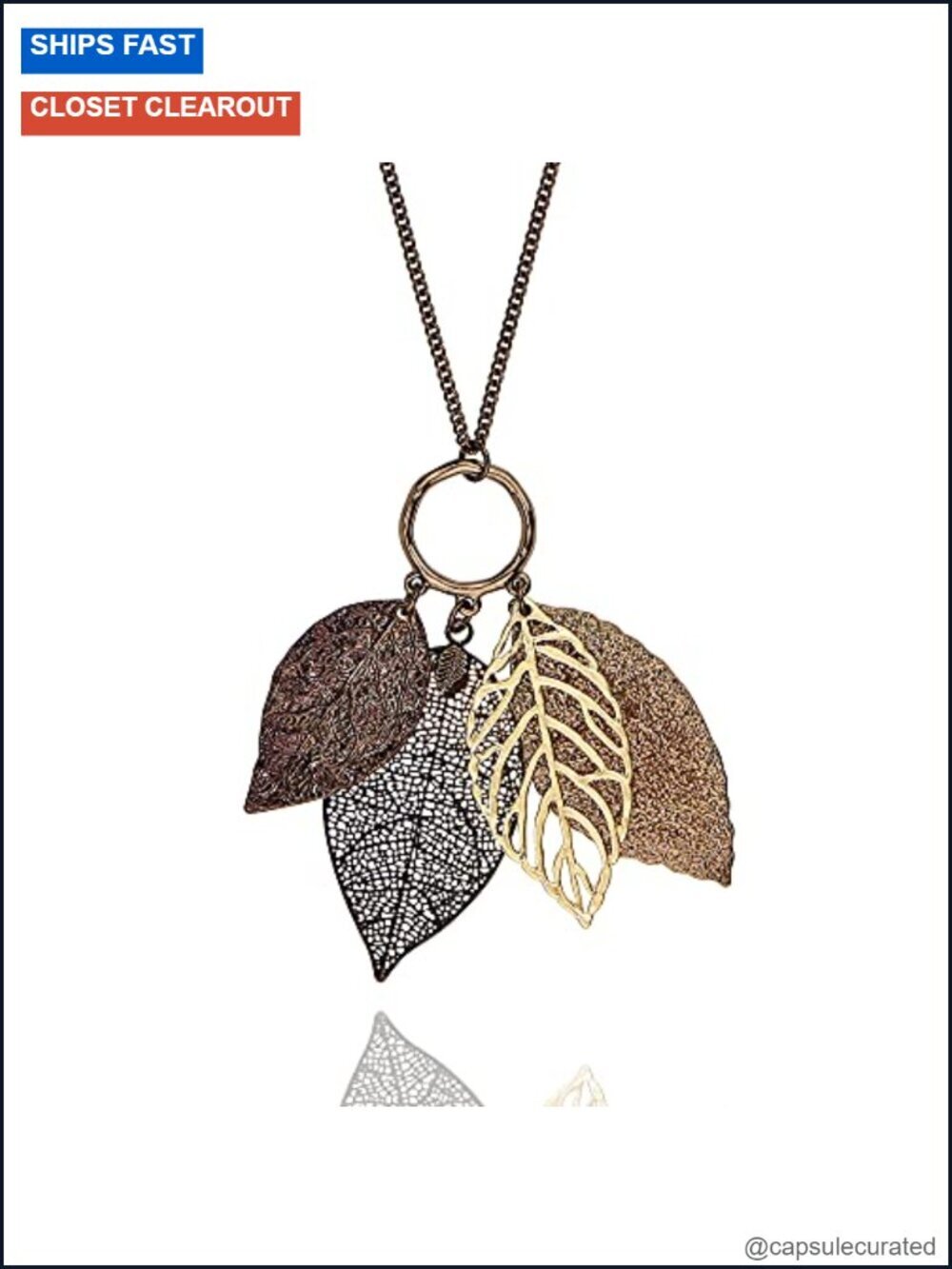 Gold Silver Two Tone Filigree Fall Leaf Pendant Long Necklace